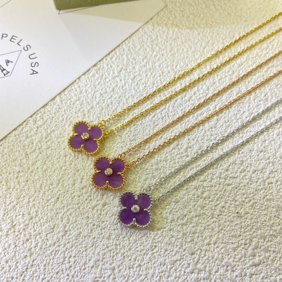 [Glimmer Jewelry]クローバー 15mm ダイヤモンド パープルバイオレットネックレス